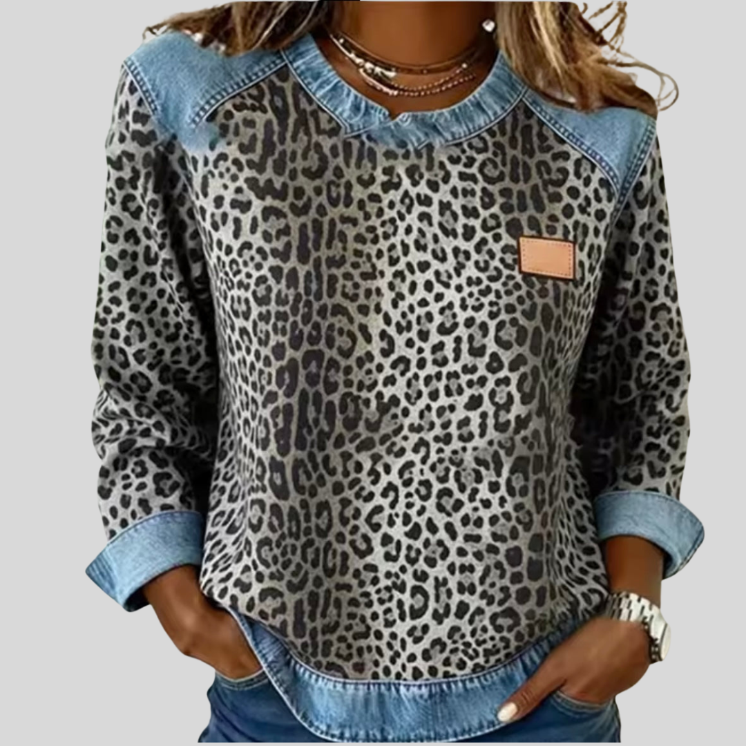 Hollyn | Jersey con Estampado de Leopardo y Cuello Denim