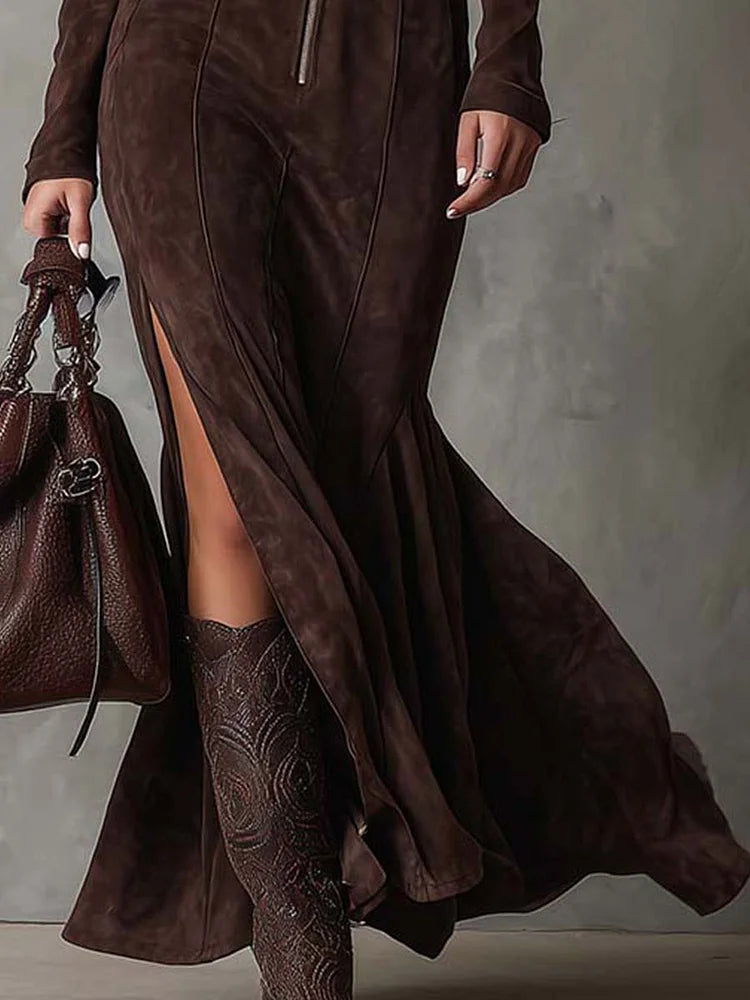 Claudia – Vestido largo marrón con cinturón