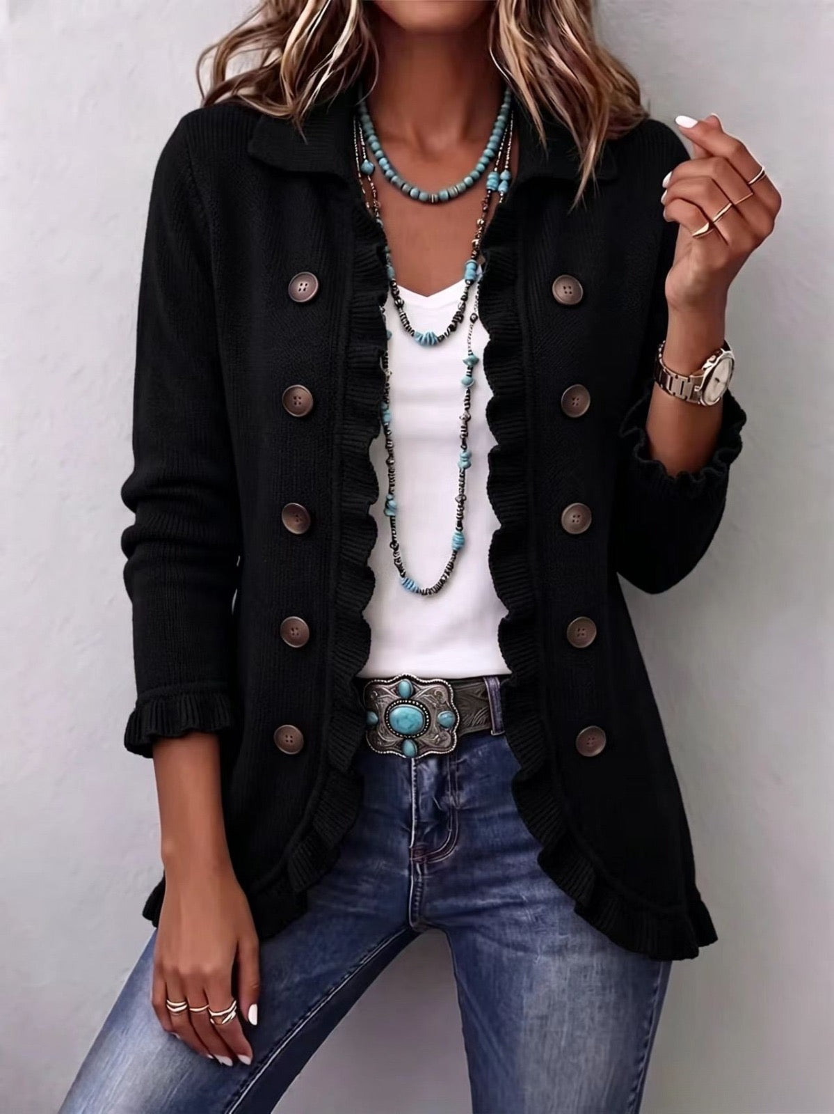Camila | Chaqueta de Punto Negro Vintage