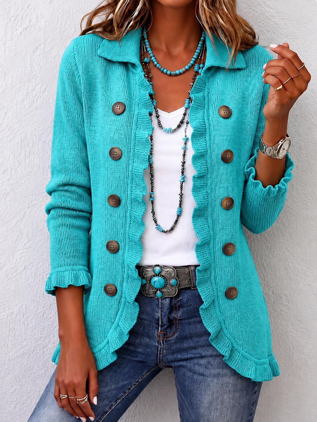 Maribel | Chaqueta de Punto Turquesa Vintage
