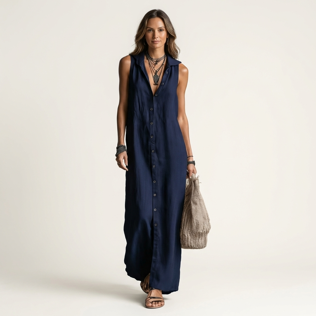 Maribel | Vestido maxi de lino con capucha y botones