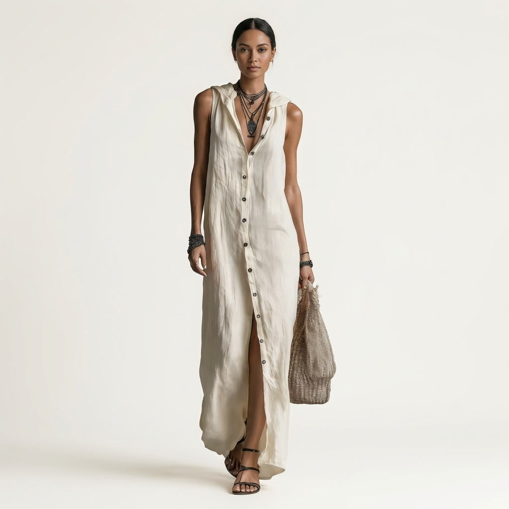Maribel | Vestido maxi de lino con capucha y botones