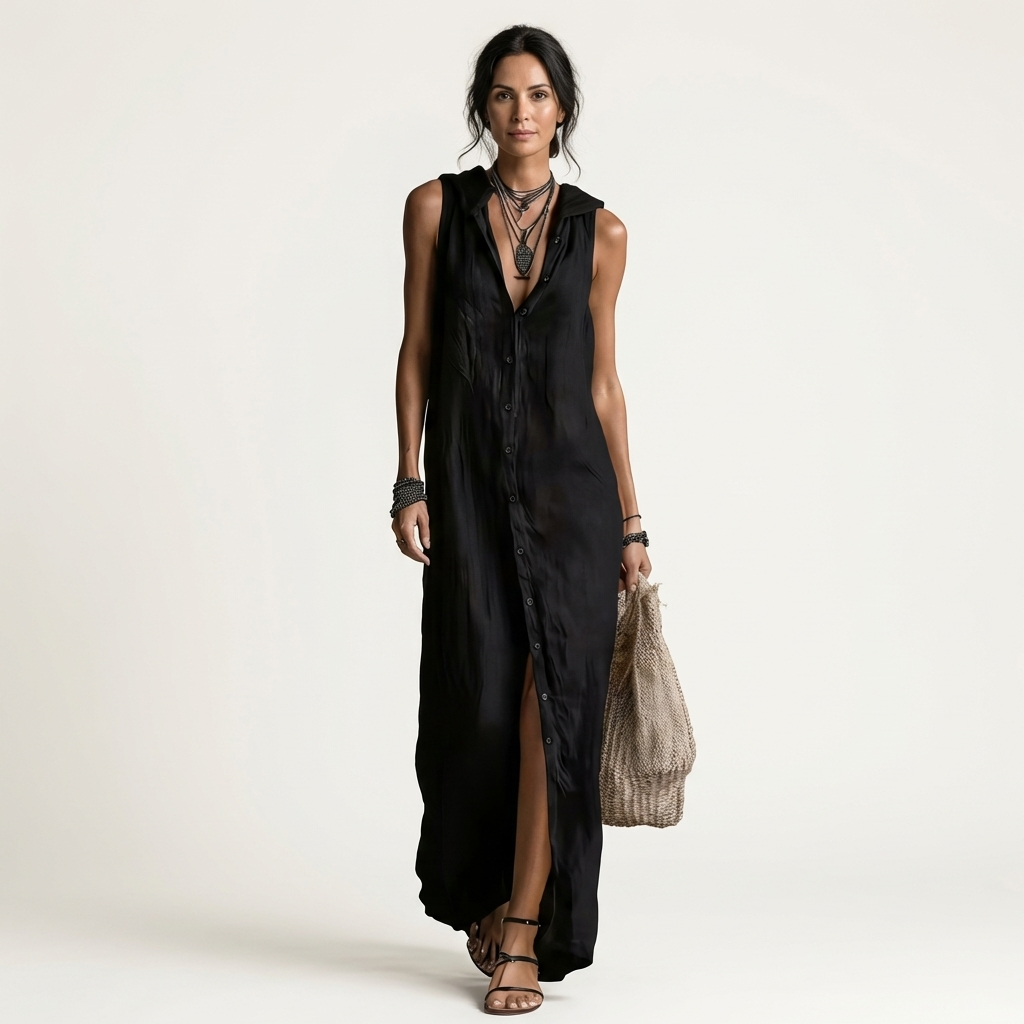 Maribel | Vestido maxi de lino con capucha y botones