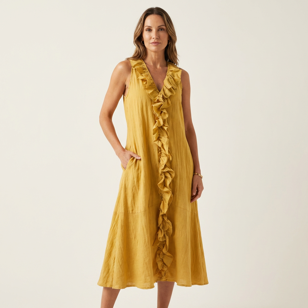 Melisa  | Vestido maxi de lino sin mangas con volante