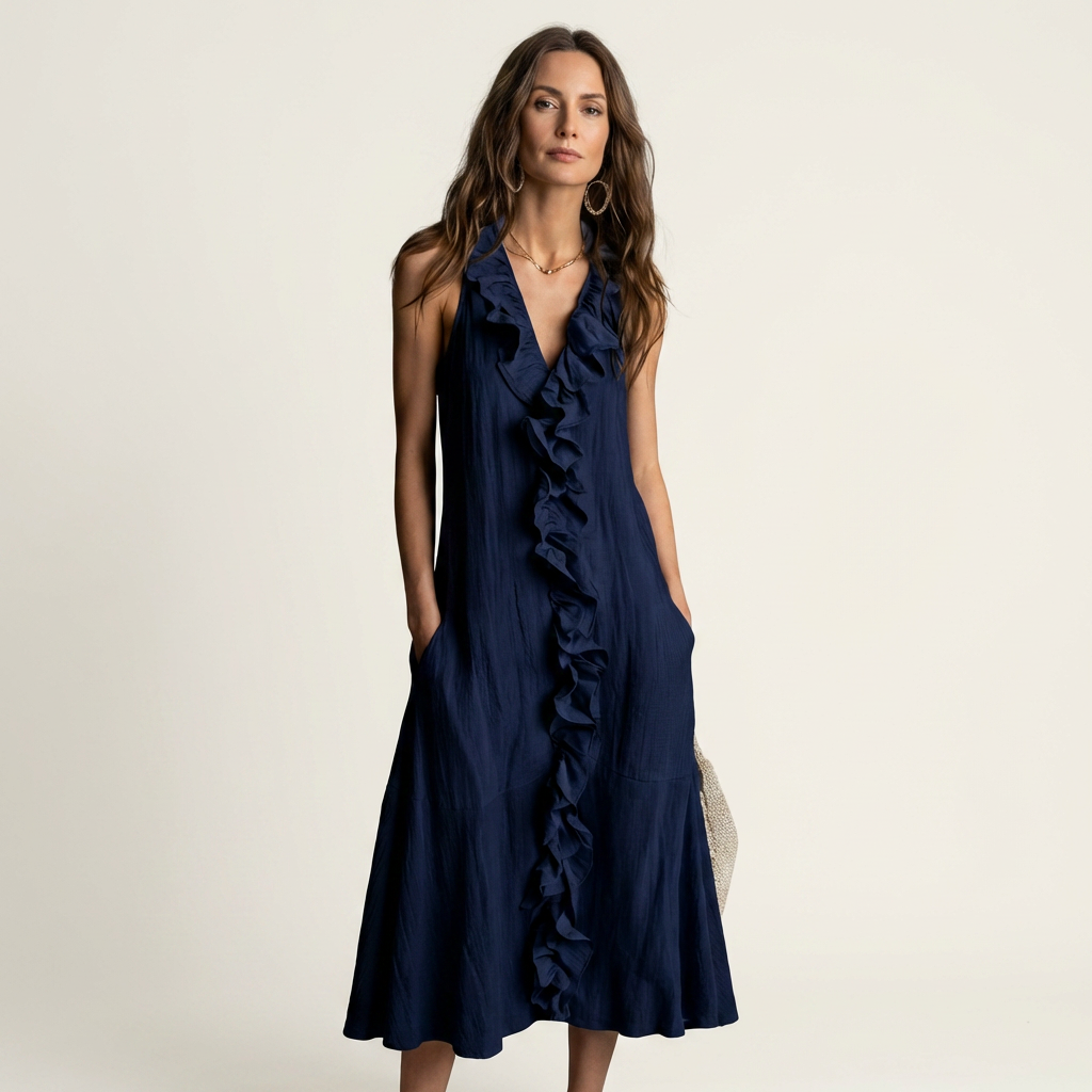 Melisa  | Vestido maxi de lino sin mangas con volante