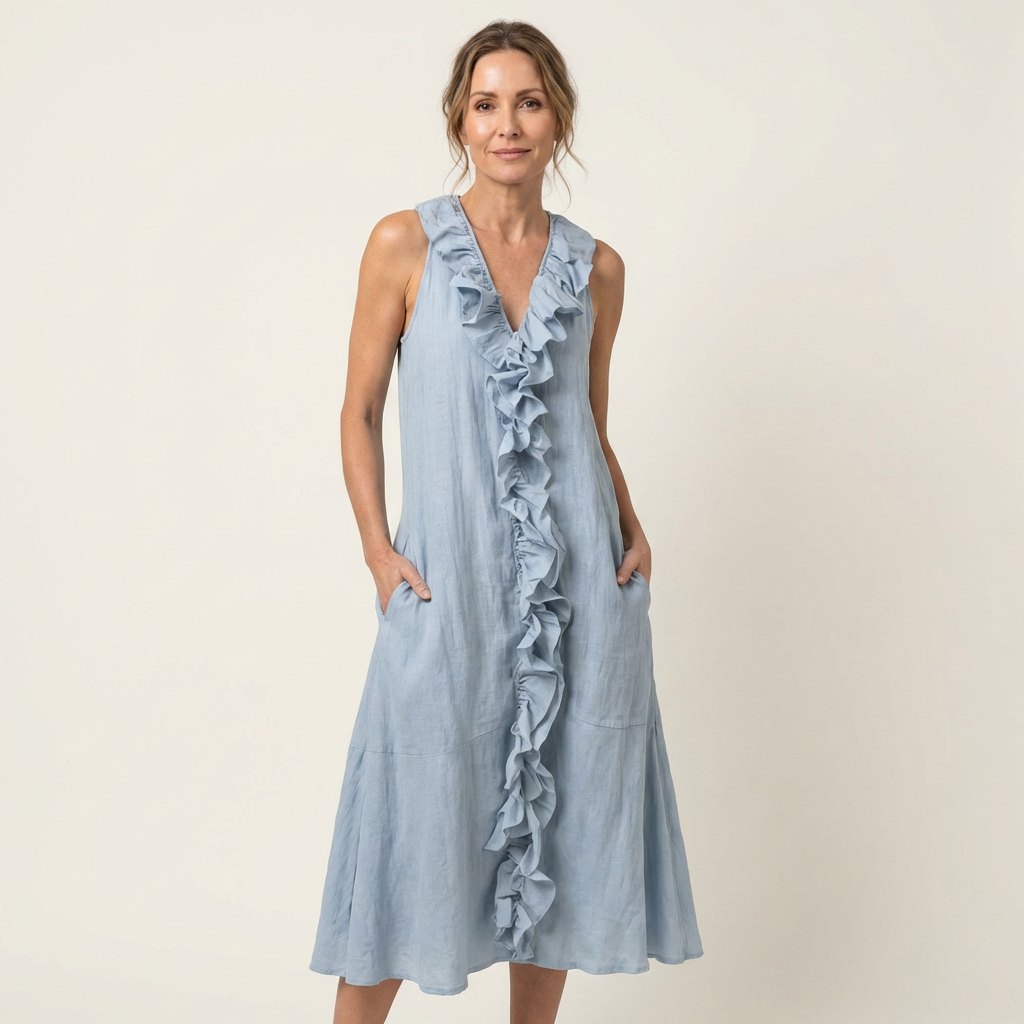 Melisa  | Vestido maxi de lino sin mangas con volante