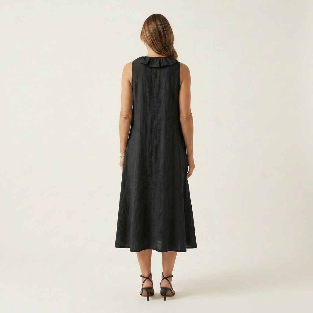 Melisa  | Vestido maxi de lino sin mangas con volante