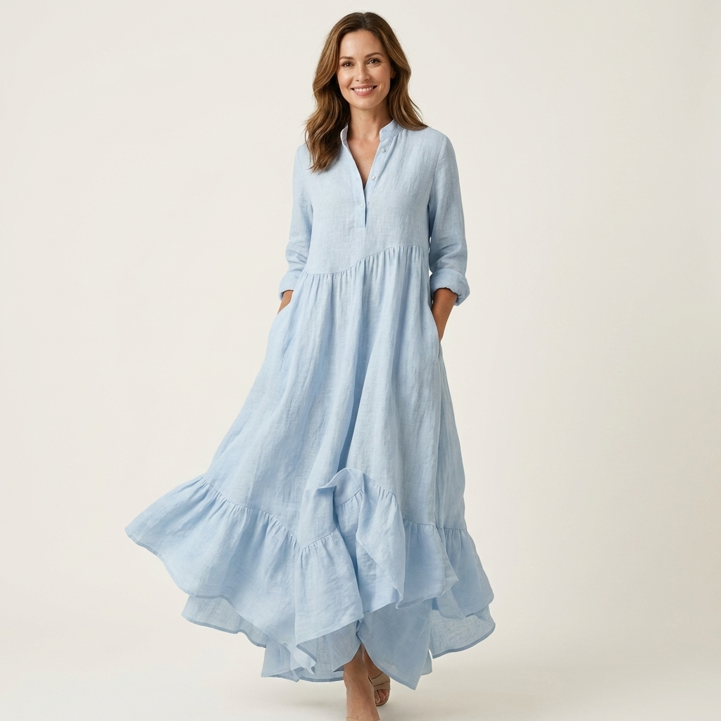 Lorena| Vestido maxi con cuello alto y bajo de volantes