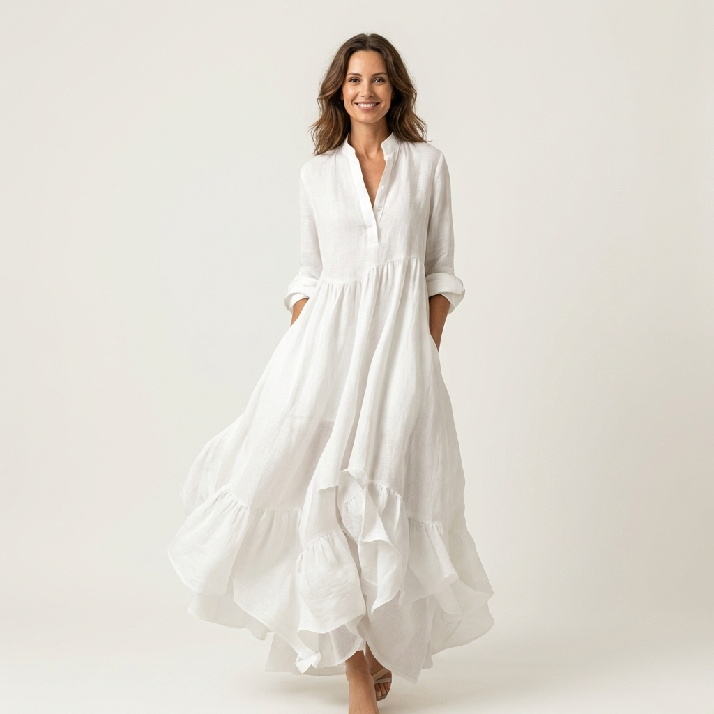 Lorena| Vestido maxi con cuello alto y bajo de volantes