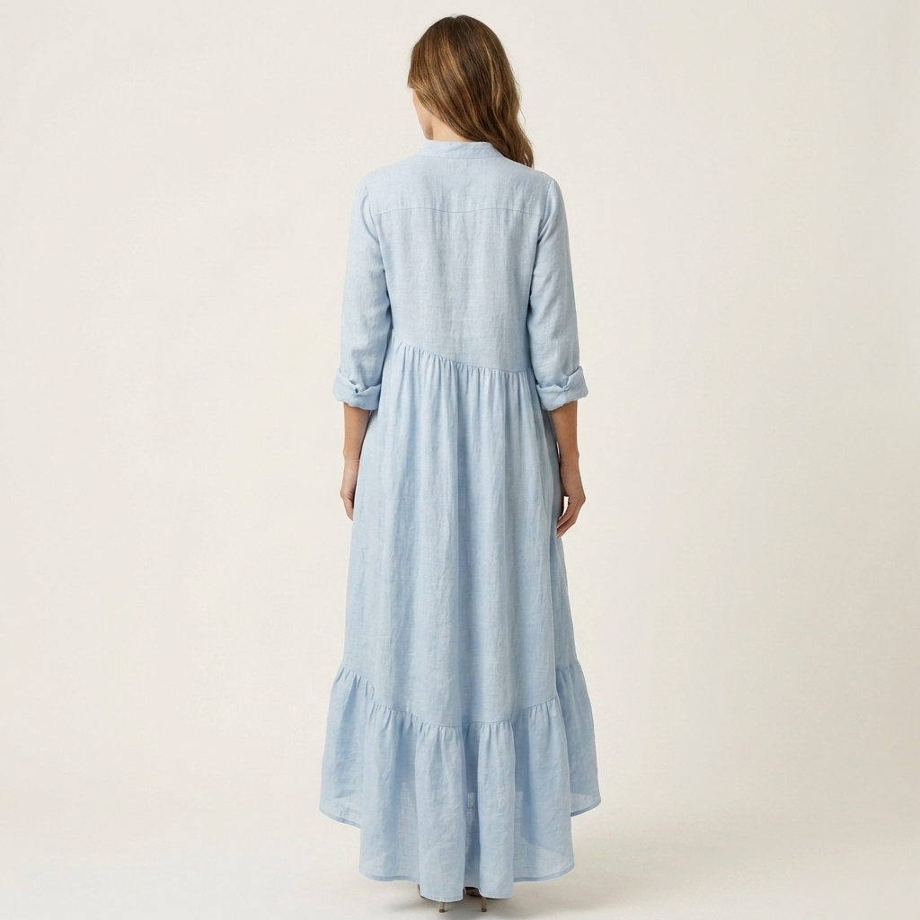 Lorena| Vestido maxi con cuello alto y bajo de volantes