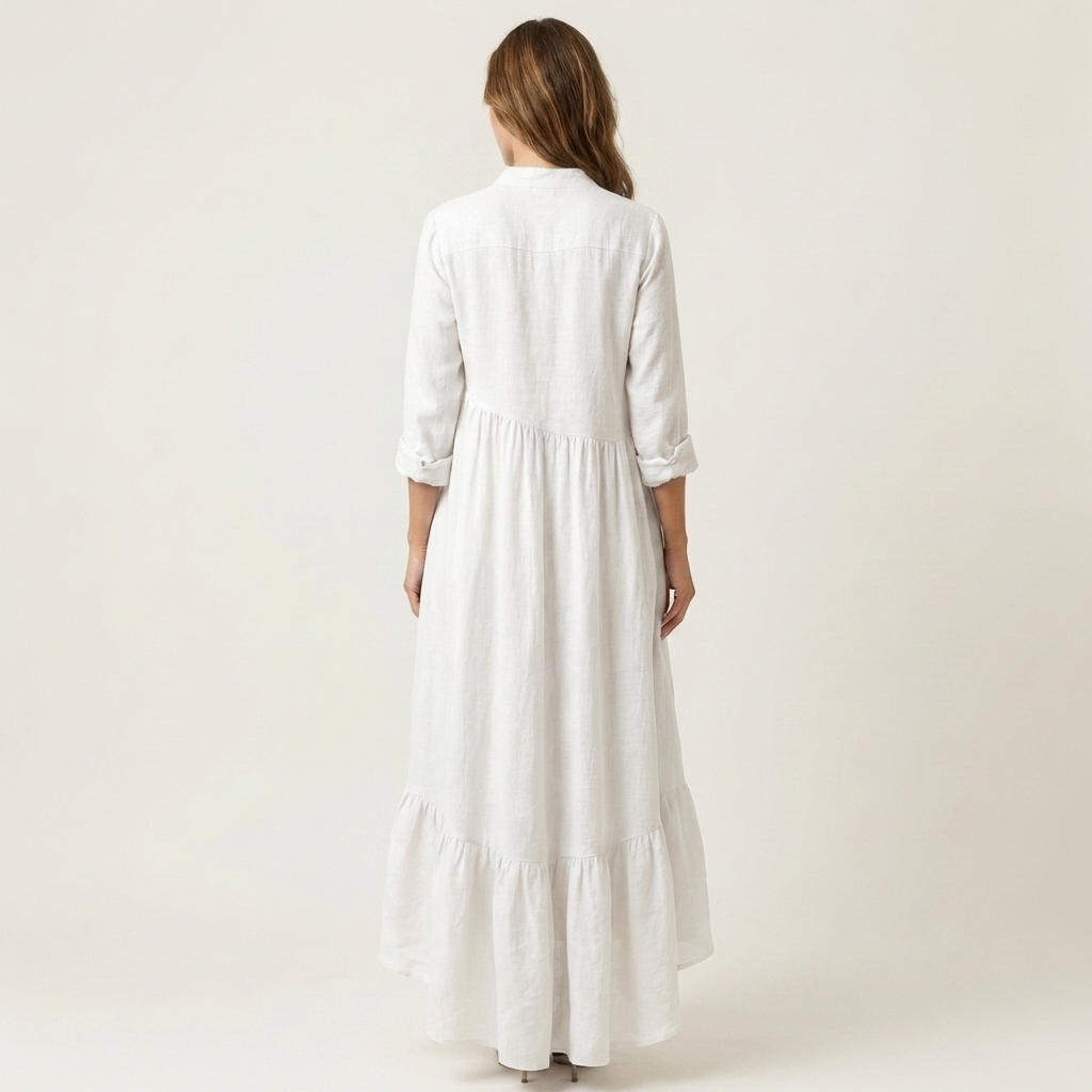 Lorena| Vestido maxi con cuello alto y bajo de volantes