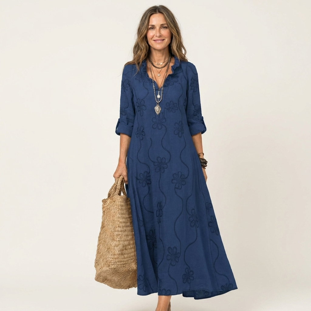 Marlen | Vestido maxi de algodón y lino con bordado floral