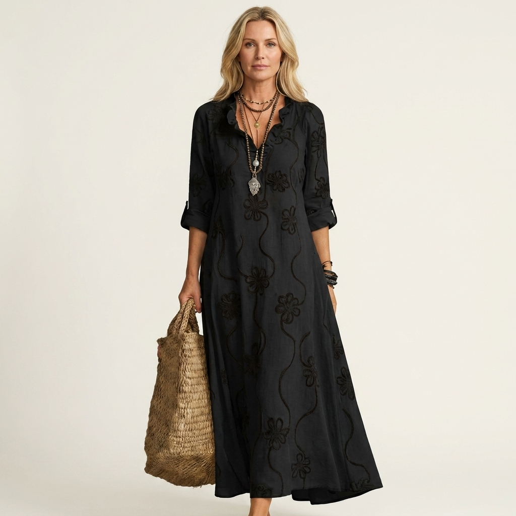 Marlen | Vestido maxi de algodón y lino con bordado floral