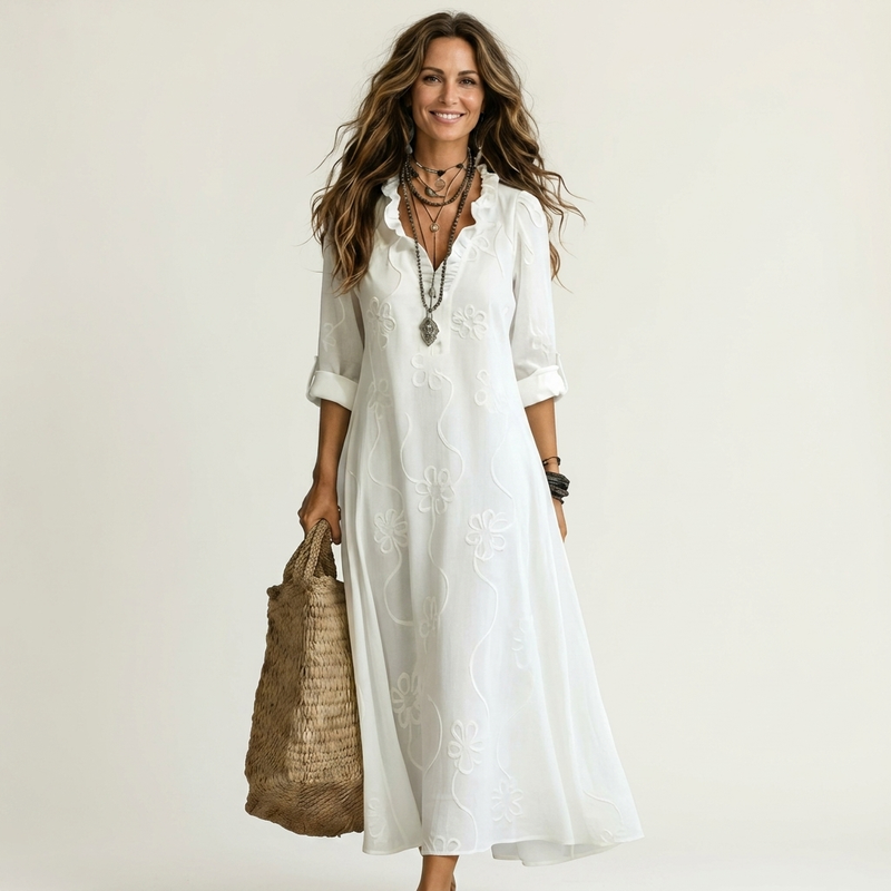 Marlen | Vestido maxi de algodón y lino con bordado floral