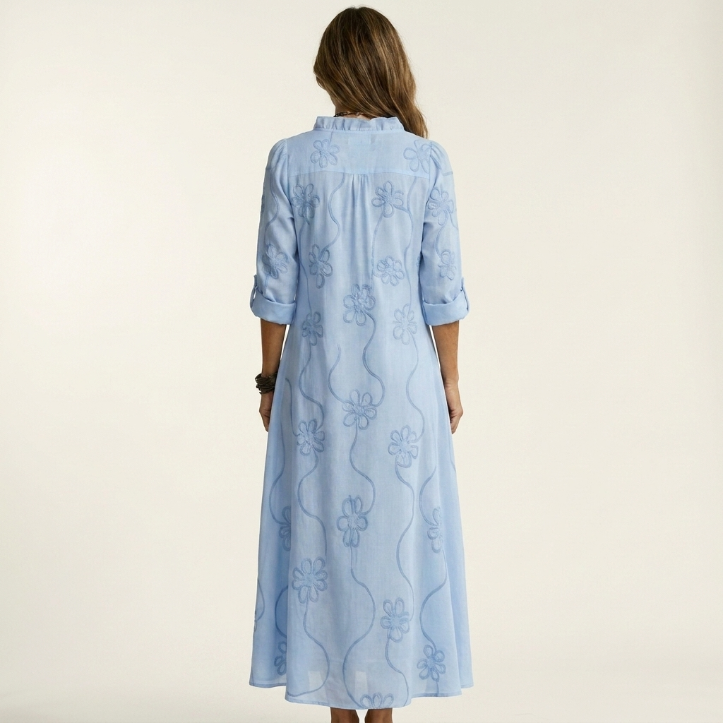 Marlen | Vestido maxi de algodón y lino con bordado floral