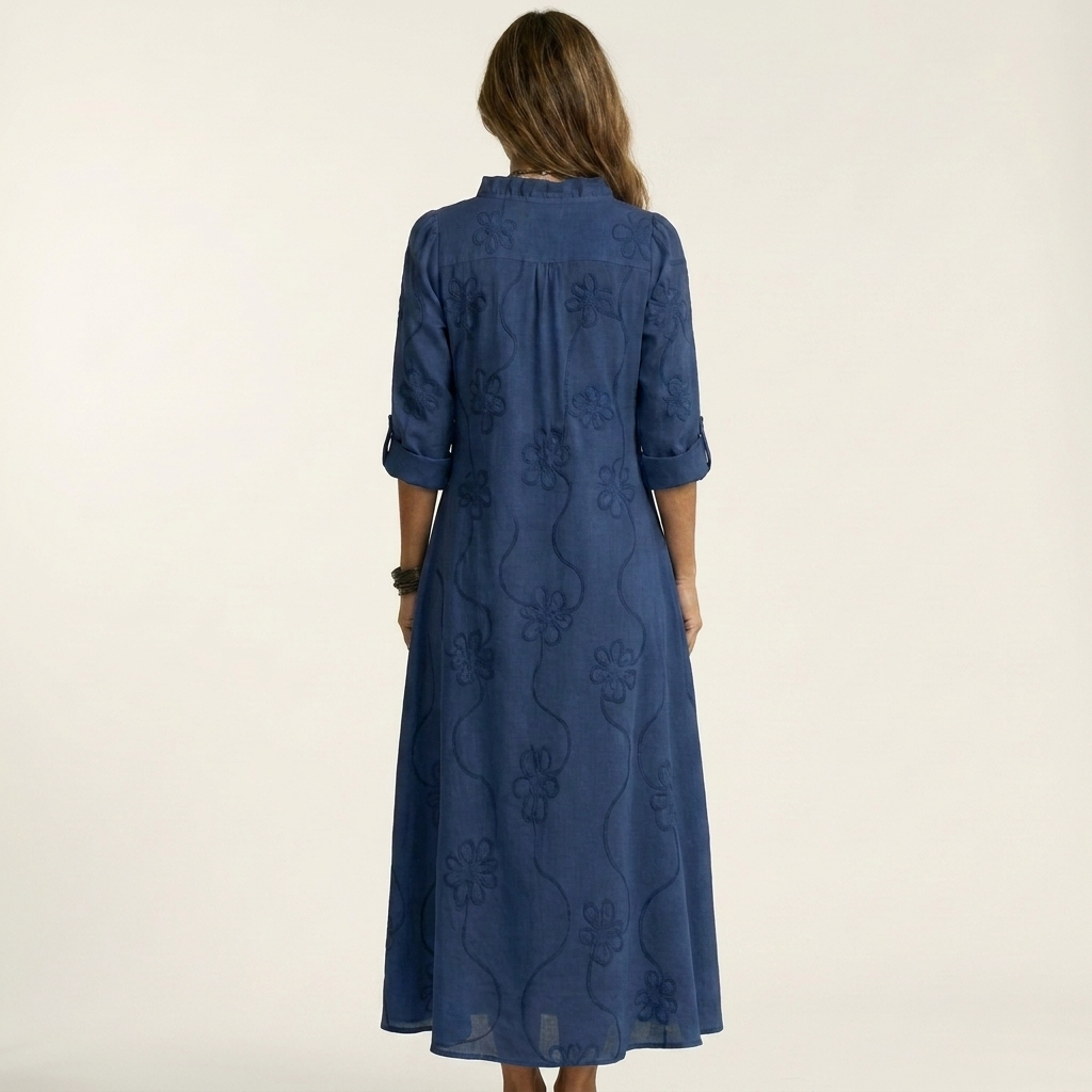 Marlen | Vestido maxi de algodón y lino con bordado floral