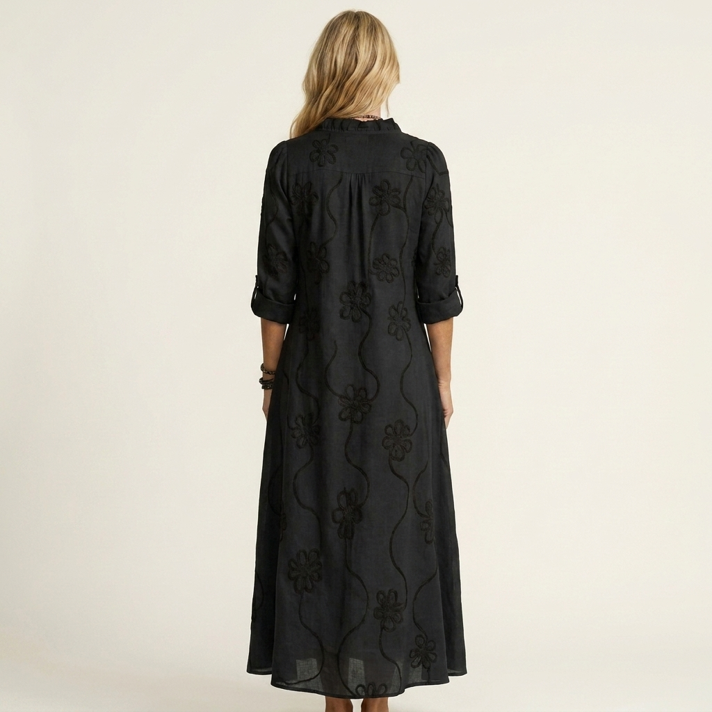 Marlen | Vestido maxi de algodón y lino con bordado floral