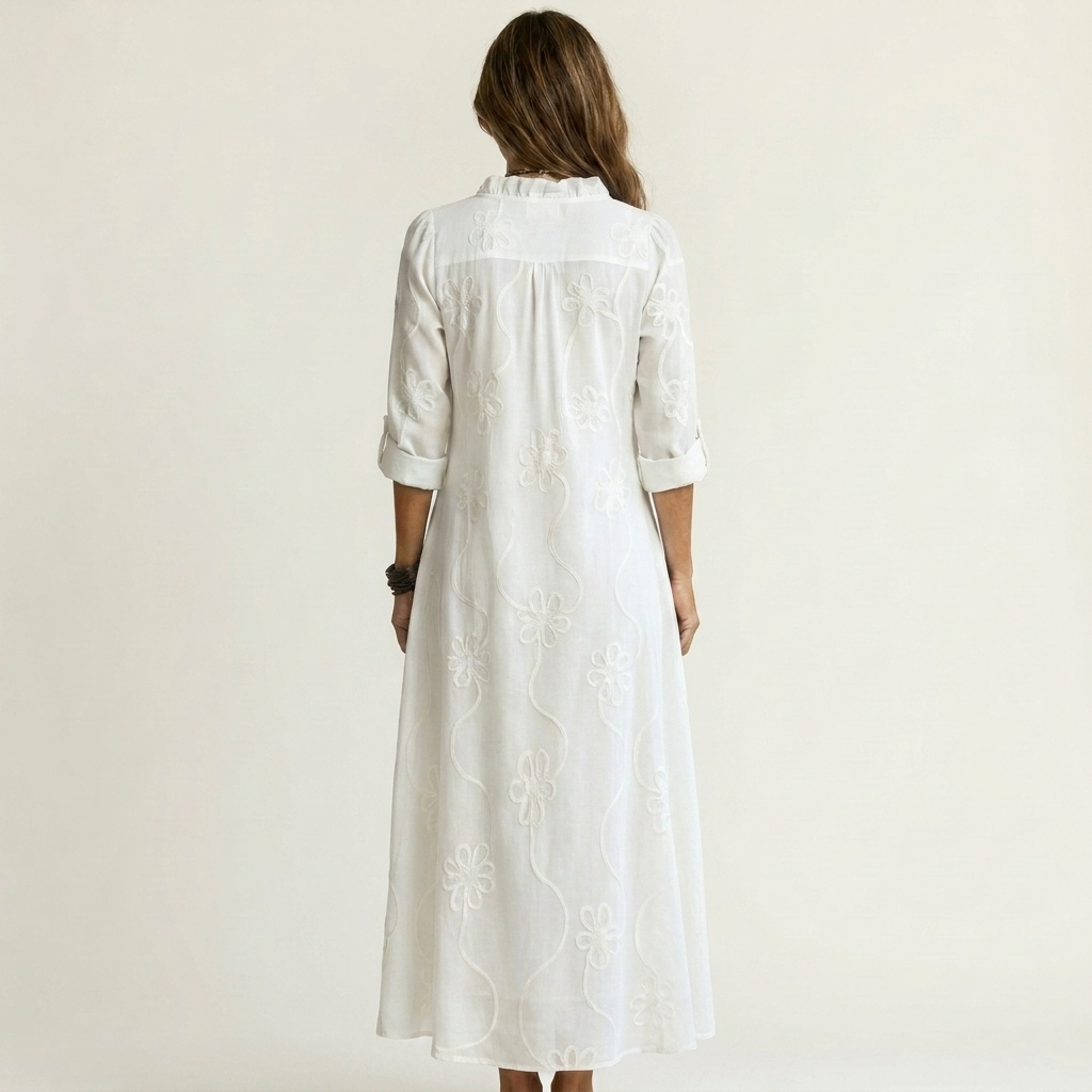 Marlen | Vestido maxi de algodón y lino con bordado floral